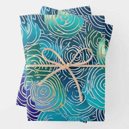 金ゴールドフローラスワーズオンブルーグリーンとティール（緑がかった色） ラッピングペーパーシート (インサイチュ)