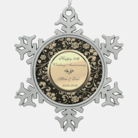 金ゴールドフローラダイヤモンド結婚50周年記念 スノーフレークピューターオーナメント (正面)