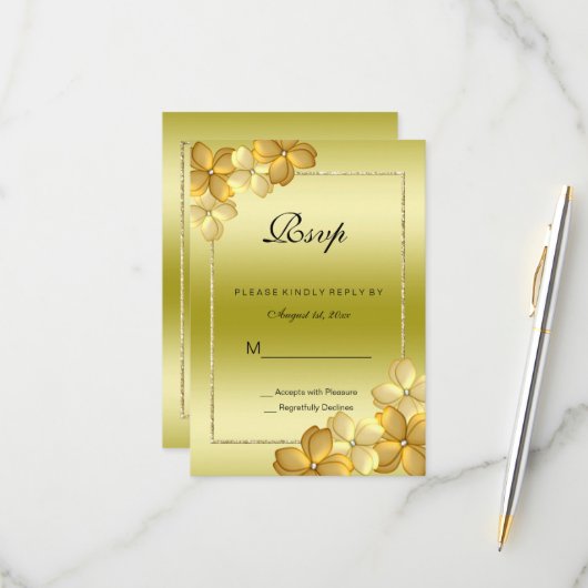 金ゴールドフローラデコレーション&グリッター60th誕生日RS 出欠カード (正面/裏面インサイチュ)