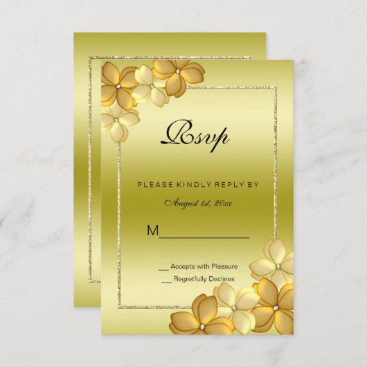 金ゴールドフローラデコレーション&グリッター60th誕生日RS 出欠カード (正面/裏面)