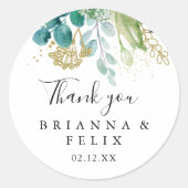 金ゴールドフローラトロピカルグリーンサンキュー結婚式の引き出物 ラウンドシール (正面)