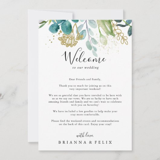 金ゴールドフローラトロピカルグリーン結婚のウェルカムレター (正面)