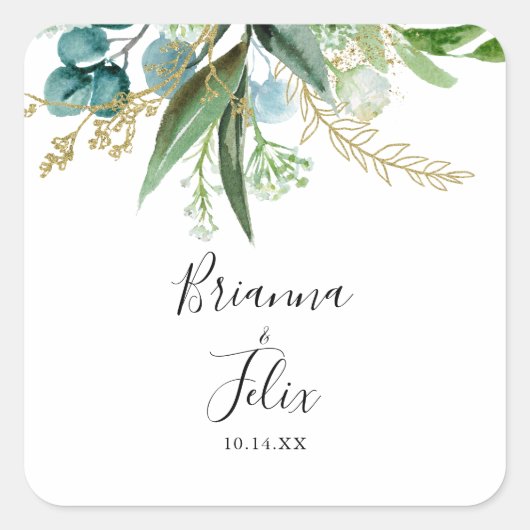 金ゴールドフローラトロピカルグリーン結婚ズ封筒用シール スクエアシール (正面)