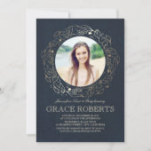 金ゴールドフローラネイビーヴィンテージ |Sweet sixteen誕生日 招待状 (正面)