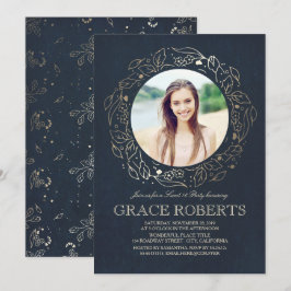 金ゴールドフローラネイビーヴィンテージ |Sweet sixteen誕生日 招待状