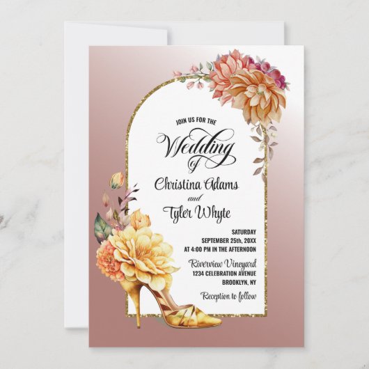金ゴールドフローラハイヒール赤面ピンクアー結婚チ 招待状 (正面)