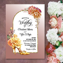 金ゴールドフローラハイヒール赤面ピンクアー結婚チ 招待状