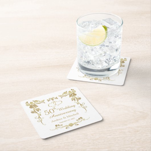 金ゴールドフローラハート結婚50周年記念 スクエアペーパーコースター (インサイチュ)
