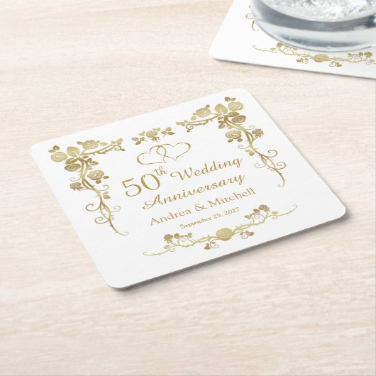 金ゴールドフローラハート結婚50周年記念 スクエアペーパーコースター (アングル)