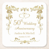 金ゴールドフローラハート結婚50周年記念 スクエアペーパーコースター (正面)