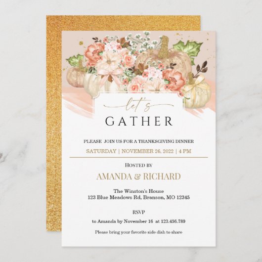 金ゴールドフローラパンプキンサンクスギビングディナー招待状 招待状 (正面/裏面)
