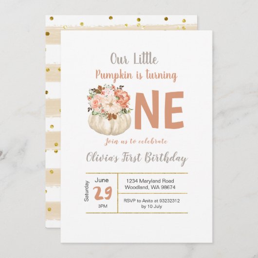 金ゴールドフローラパンプキンターニング1誕生日招待 招待状 (正面/裏面)