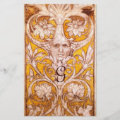 金ゴールドフローラパーチメントモノグラムを有するグロテスク顔 便箋 (正面)