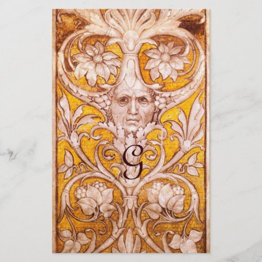 金ゴールドフローラパーチメントモノグラムを有するグロテスク顔 便箋 (正面)