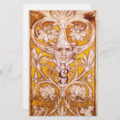 金ゴールドフローラパーチメントモノグラムを有するグロテスク顔 便箋 (正面/裏面)