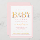 金ゴールドフローラピンクベビーガールシャワー招待状 (正面/裏面)