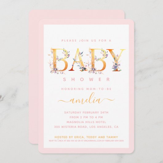 金ゴールドフローラピンクベビーガールシャワー招待状 (正面/裏面)