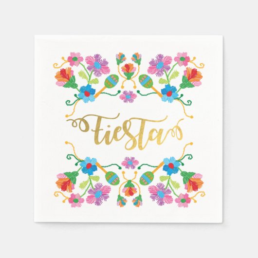 金ゴールドフローラフィエスタメキシコ刺繍ナプキンス スタンダードカクテルナプキン (正面)