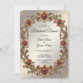金ゴールドフローラフレームとレッドストーンズのリハーサルディナー 招待状 (正面)