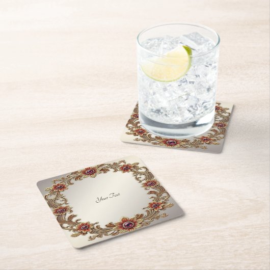 金ゴールドフローラフレームとレッドストーンズ紙コースター スクエアペーパーコースター (インサイチュ)