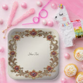 金ゴールドフローラフレームとレッドストーンズ紙プレート ペーパープレート (パーティー)