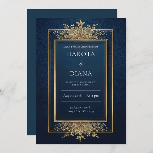金ゴールドフローラフレーム海軍ウェディング招待 招待状 (正面/裏面)