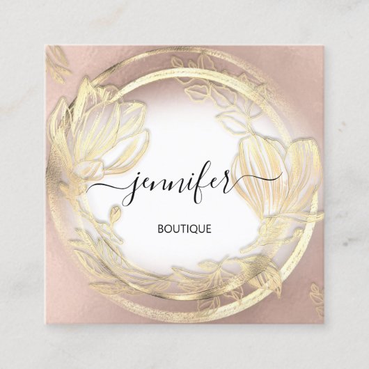 金ゴールドフローラフレームQRCodeロゴバラ白 スクエア名刺 (正面)