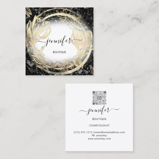 金ゴールドフローラフレームQRCodeロゴブラックアブスタクト スクエア名刺 (正面/裏面)