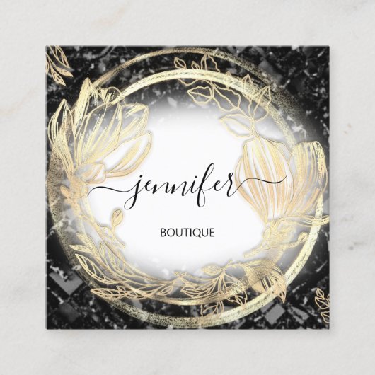 金ゴールドフローラフレームQRCodeロゴブラックアブスタクト スクエア名刺 (正面)