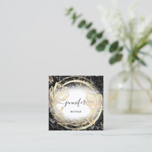 金ゴールドフローラフレームQRCodeロゴブラックアブスタクト スクエア名刺 (スタンド正面)