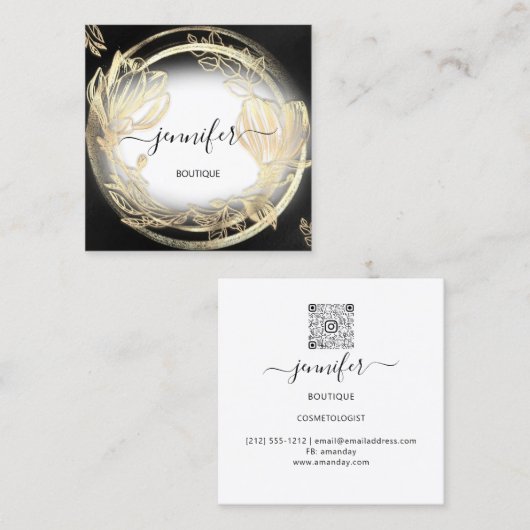 金ゴールドフローラフレームQRCodeロゴ白黒 スクエア名刺 (正面/裏面)