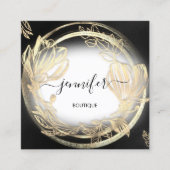 金ゴールドフローラフレームQRCodeロゴ白黒 スクエア名刺 (正面)