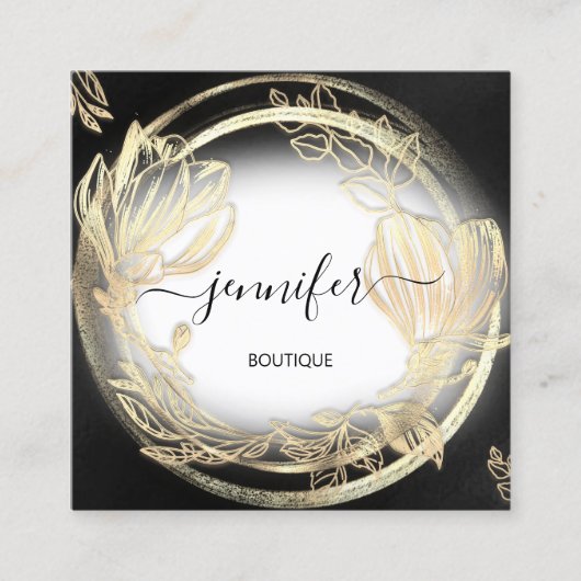 金ゴールドフローラフレームQRCodeロゴ白黒 スクエア名刺 (正面)