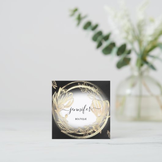 金ゴールドフローラフレームQRCodeロゴ白黒 スクエア名刺 (スタンド正面)