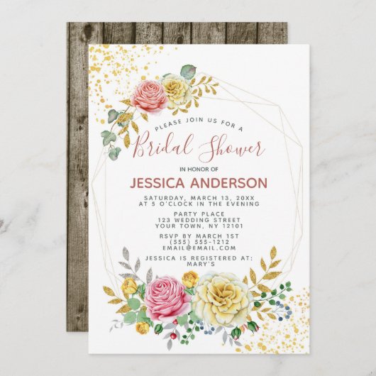 金ゴールドフローラブライダルシャワー 招待状 (正面/裏面)