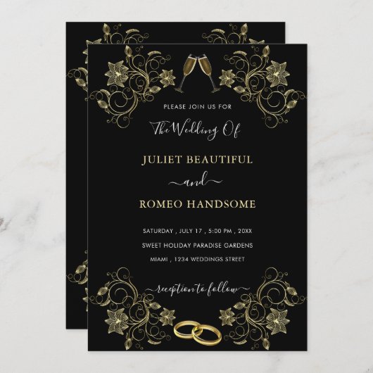 金ゴールドフローラブラックゴールデン結婚式招待状 (正面/裏面)