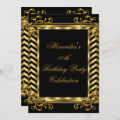 金ゴールドフローラブラックシェブロンエレガントバースデーパーティー 招待状 (正面/裏面)