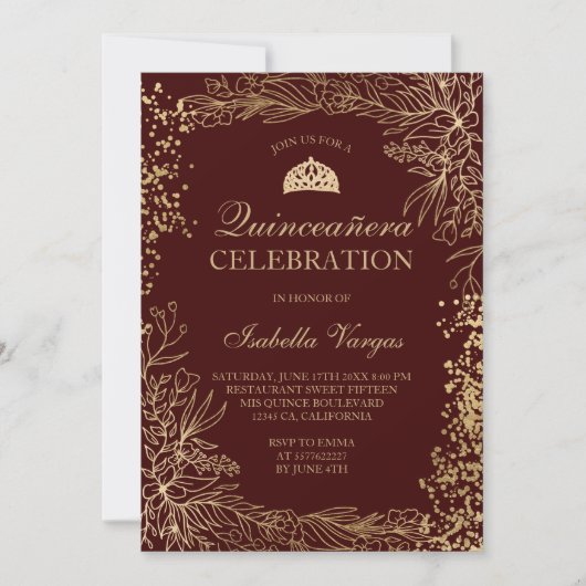 金ゴールドフローラブルガンディティアラシックキンセアニラ 招待状 (正面)