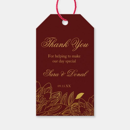 金ゴールドフローラブルゴーニュ結婚式の引き出物サンキューラベル ギフトタグ (正面)