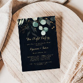 金ゴールドフローラブルーナイトリハーサルディナー前 招待状