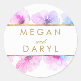 金ゴールドフローラブルーパープルエレガントな結婚式 ラウンドシール