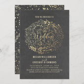 金ゴールドフローラブーケエレガントヴィンテージ結婚式 招待状 (正面/裏面)