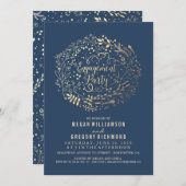 金ゴールドフローラブーケネイビー婚約パーティ 招待状 (正面/裏面)