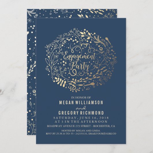 金ゴールドフローラブーケネイビー婚約パーティ 招待状 (正面/裏面)