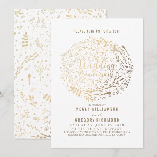 金ゴールドフローラブーケ結婚素敵な記念日 招待状 (正面/裏面)