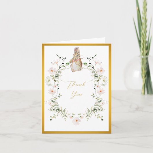 金ゴールドフローラベビーバニーベビーシャワー サンキューカード (正面)