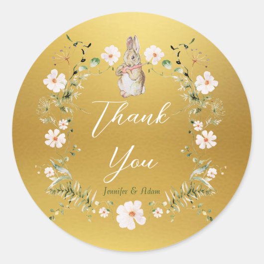 金ゴールドフローラベビーバニーベビーシャワー ラウンドシール (正面)