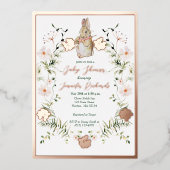 金ゴールドフローラベビーバニーベビーシャワー 箔招待状 (正面)