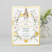 金ゴールドフローラベビーバニーベビーシャワー 箔招待状 (立ち正面)