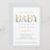 金ゴールドフローラベビーブルーボーイシャワー招待状 (正面/裏面)